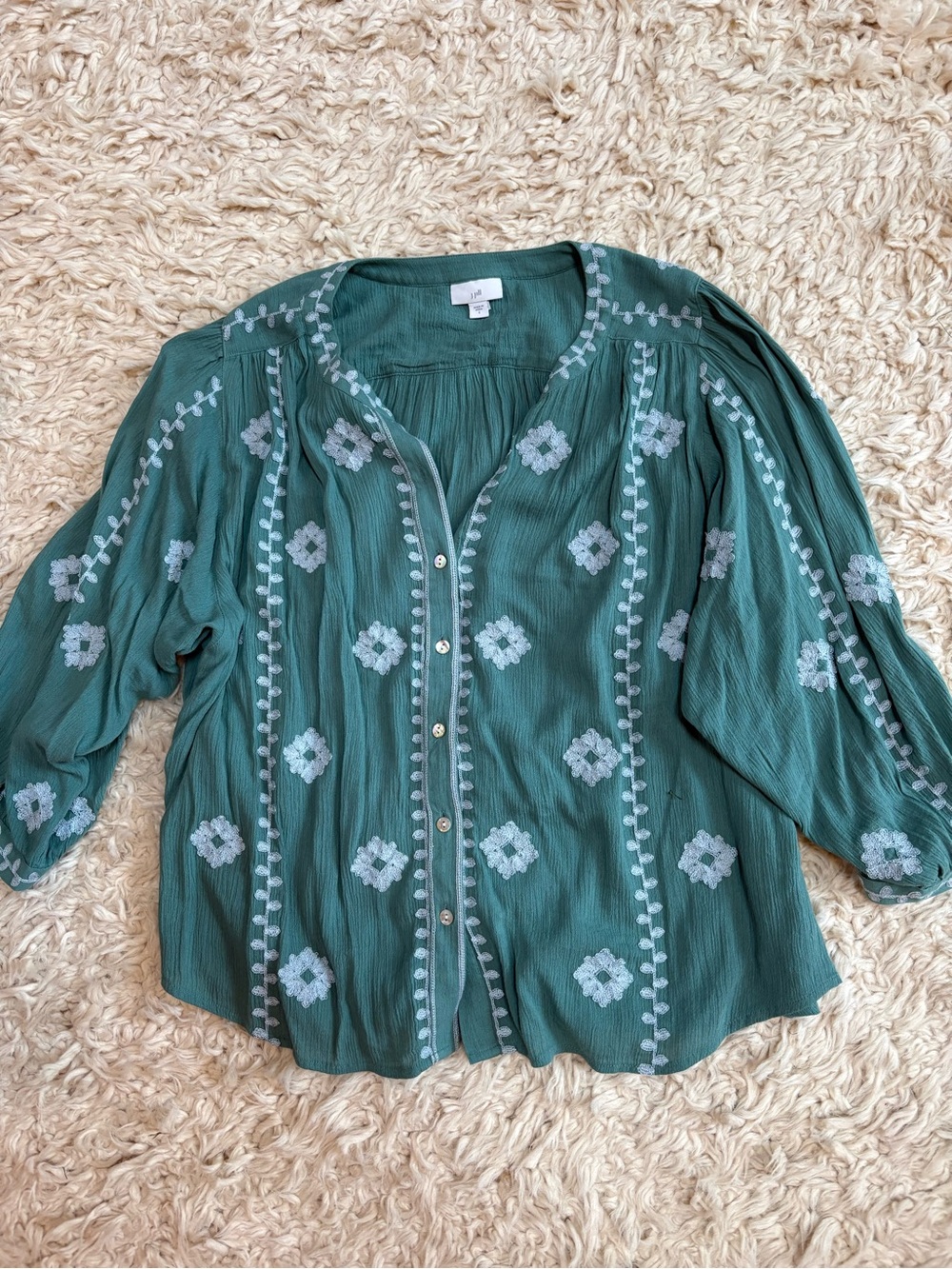 J Jill gauzy Green Embroidered Button-Front Women’s Top
